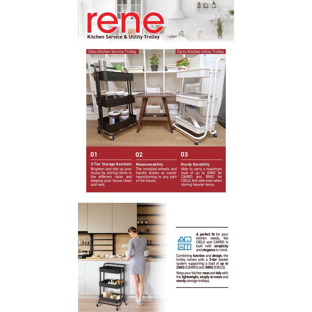 Rene Household 3 Tier Portable Kitchen Trolley Storage