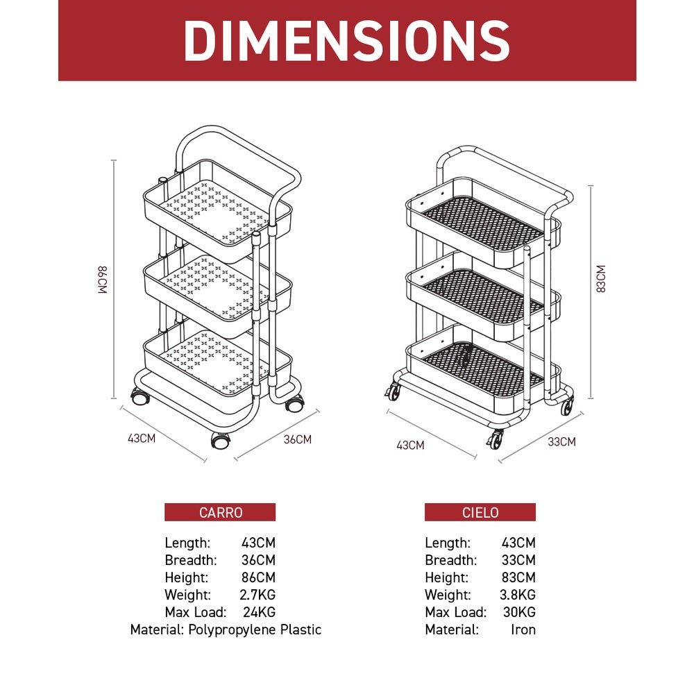 Rene Household 3 Tier Portable Kitchen Trolley Storage